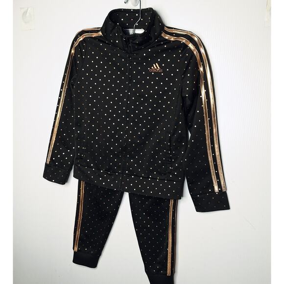 Adidas Kids Polka Dot Tracksuit Girls 6 Black Rose Gold Sweatsuit Outfit Holiday - Picture 2 of 13